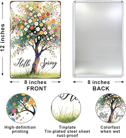 Vintage Spring Metal Tin Sign Wall Decor,Hello Spring Sign Wall Art for Home Porch Garden Yard Indoor Outdoor Wall Decor