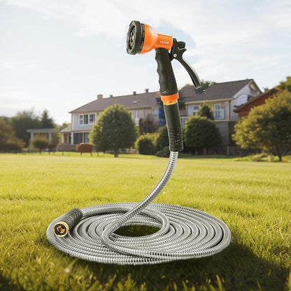 VEVOR Metal Garden Hose 200 ft, Heavy Duty Stainless Steel Water Hose with 10-Function Nozzle, No-Kink & Flexible Outdoor Garden Hose, Rust-Proof Lightweight Hose for Yard, RV, Car Wash