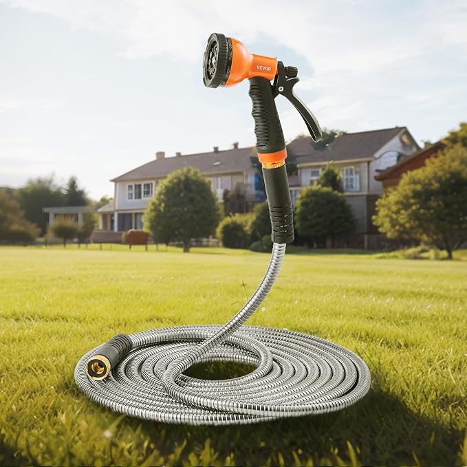 VEVOR Metal Garden Hose 25 ft, Rust Proof Stainless Steel Water Hose, Heavy Duty Backyard Hose with 10 Function Nozzle, No-Kink & Flexible Water Pipe, Lightweight Metal Hose for Yard, Outdoor