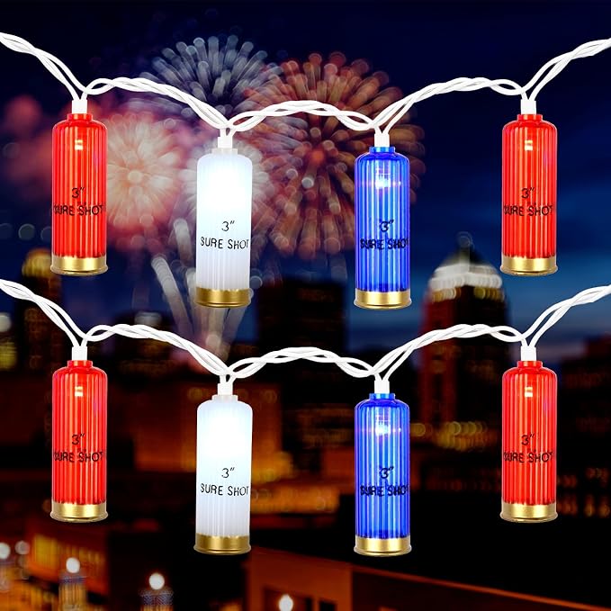 8.5Ft 4th of July String Lights, 10L LED Red White and Blue Shotgun Shell Lights Plug in for Home Classroom Porch Backyards Tree Patriotic Holiday Decorations, Indoor and Outdoor Use