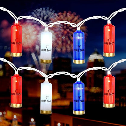 8.5Ft 4th of July String Lights, 10L LED Red White and Blue Shotgun Shell Lights Plug in for Home Classroom Porch Backyards Tree Patriotic Holiday Decorations, Indoor and Outdoor Use