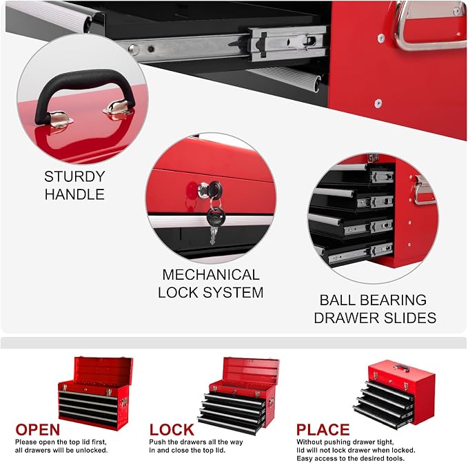 4 Drawers Metal Tool Box, 21'' Portable Metal Tool Box with EVA Liners & Auto-Locking Mechanism, Heavy Duty Steel Tool Chest with Ball-Bearing Drawer Slides & Convenient Top Handle, Red&Black