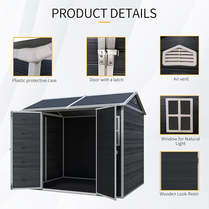 PVWIIK 8x6 ft Resin Outdoor Storage Shed with Floor & Window, Lockable Waterproof All-Weather Utility Shed for Garden Tools & Trash Bins, Black