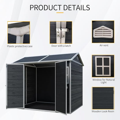 PVWIIK 8x6 ft Resin Outdoor Storage Shed with Floor & Window, Lockable Waterproof All-Weather Utility Shed for Garden Tools & Trash Bins, Black