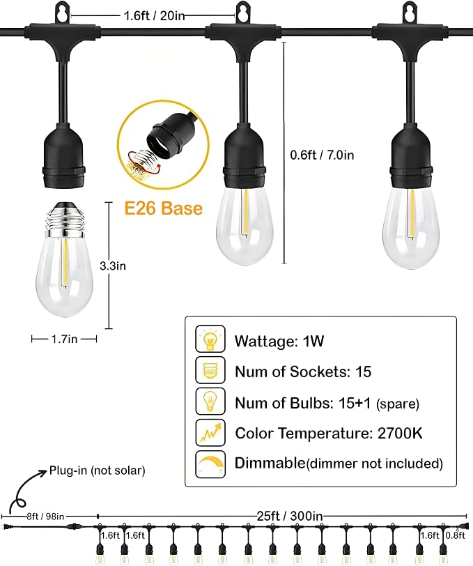 Gmnee 25FT Outdoor String Lights for Patio, Balcony & Porch – 16 LED Edison Bulbs (1.6FT Spacing), Dimmable Heavy-Duty Patio Lights for Backyard, Gazebo, Bistro, Party and Garden Decor (Plug in)