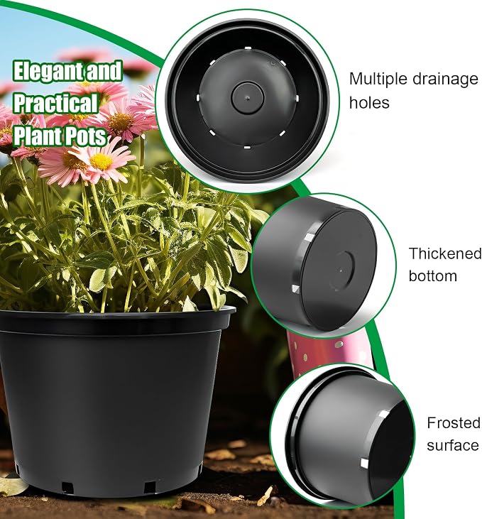 RooTrimmer 7 Gallon Plastic Nursery Pots, 15 Inch Large Plastic Pots for Plants, Round Plant Pots with Drainage Holes, Flower Pots for Outdoor Indoor Plants, Gardening Gifts for Women (5-Pack, Black)