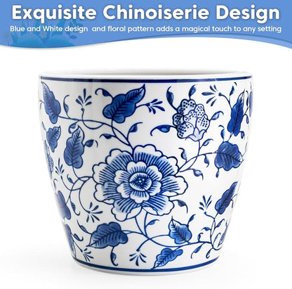 HakkaGirl 8 inch Ceramic Planters for Indoor Plants, Chinoiserie Decor Ceramic Pots for Plants Flower Plant Pots Indoor with Drainage and Saucer, Blue and White