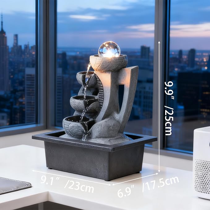 Indoor Tabletop Waterfall Fountain with Spining Orb for Home Office Desk, Gray Rock Resin Zen Water Feature with Soothing Sound for Relaxation & Meditation