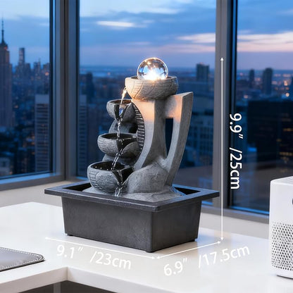 Indoor Tabletop Waterfall Fountain with Spining Orb for Home Office Desk, Gray Rock Resin Zen Water Feature with Soothing Sound for Relaxation & Meditation