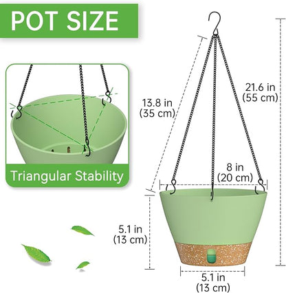 ZMTECH 2 Pack 8 Inch Hanging Baskets for Plants Outdoor Indoor, Modern Green Planters with Water Level Window & Metal Chain for Balcony Patio Garden Home Decor