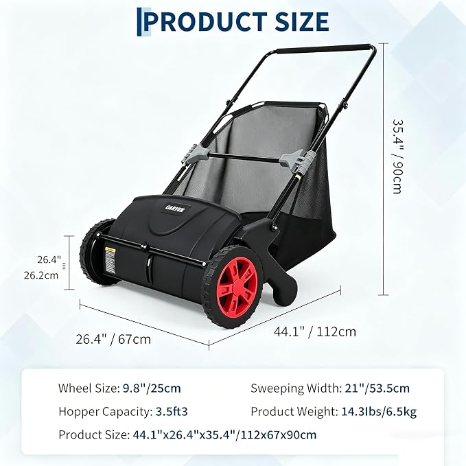 Push Lawn Sweeper, 21inch Leaf & Grass Collector, Heavy Duty Thickened Steel Durable Manual Leaf Sweeper to Use with Large Capacity 3.5 Cu. ft. Mesh Collection Hopper Bag, 2 Spinning Brushes