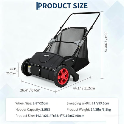 Push Lawn Sweeper, 21inch Leaf & Grass Collector, Heavy Duty Thickened Steel Durable Manual Leaf Sweeper to Use with Large Capacity 3.5 Cu. ft. Mesh Collection Hopper Bag, 2 Spinning Brushes