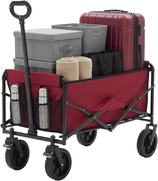 OLIXIS Collapsible Wagon 102L Standard Heavy Duty Utility Folding Wagon Cart with Lockable Brake Wheels – 330 lbs Weight Capacity, Flexible Handle for Beach, Grocery, Camping, Sports & Garden, Red