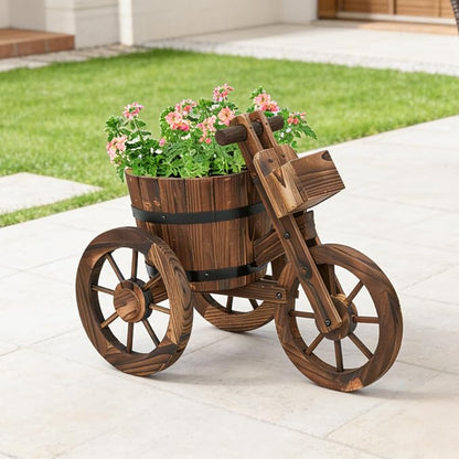 kinbor Outdoor Planters - Rustic Barrel Planter, Wooden Wagon Tricycle Planters for Outdoor Plants