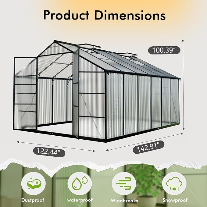 10X12FT Enhanced Aluminum Large Greenhouse for Outdoors with Thermometers | Easy Assembly, UV-Resistant Panel, Rain Gutter, Lockable Sliding Door, Built-in Reinforcement, For Vegetable, Flower and Herb