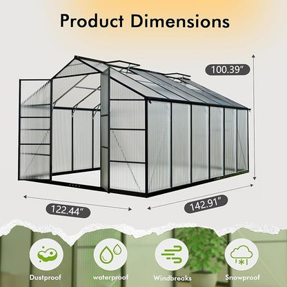 10X12FT Enhanced Aluminum Large Greenhouse for Outdoors with Thermometers | Easy Assembly, UV-Resistant Panel, Rain Gutter, Lockable Sliding Door, Built-in Reinforcement, For Vegetable, Flower and Herb