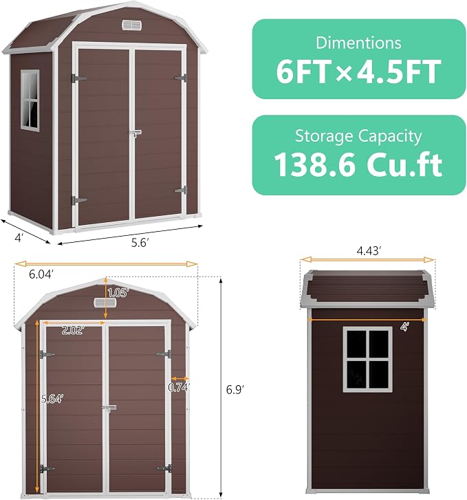 Resin Shed with Floor 6x4.5 FT, Top Larger Storage Space, Outdoor Storage Shed with Lockable Door, Outside Shed Perfect to Store Patio Furniture, GardenTools Bike Accessories, for Gardens, Backyards