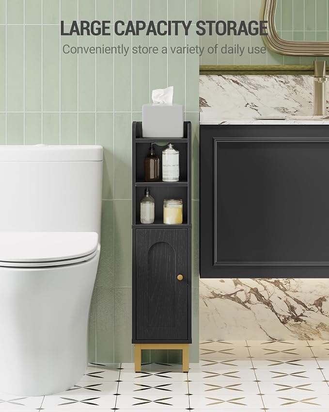 Hzuaneri Bathroom Storage Cabinet, Small Corner Floor Cabinet with Door and Shelves, Narrow Toilet Paper Holder, Bathroom Organizer with Adjustable Shelf, for Small Spaces, Black BC08206X