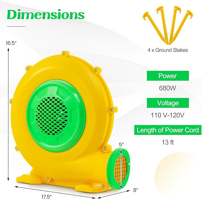 HONEY JOY Air Blower, 680W 0.9HP Bounce House Blower, Commercial Electric Pump Fan for Inflatable Water Slides & Bouncy Castle, 2340pa Air Blower for Inflatables (680Watt 0.9HP)