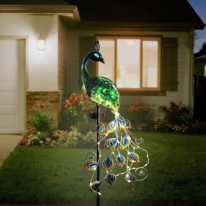 Solar Peacock Garden Stake Lights Waterproof Metal Outdoor Decor | Solar Peacock Garden Stake Lights, Waterproof Metal Glass, Thick Stake, Glow-In-The-Dark Eye, For Pathway Patio Yard Decor