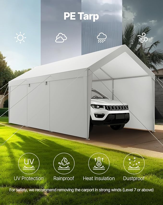VEVOR Carport, 12 x 20 FT Outdoor Car Canopy, Potable Carport with Removable Sidewalls & Door, Heavy Duty Car Shelter, UV-Resistant & Water-Resistant, All-Season Protection for Automobile Boat White