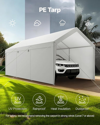 VEVOR Carport, 12 x 20 FT Outdoor Car Canopy, Potable Carport with Removable Sidewalls & Door, Heavy Duty Car Shelter, UV-Resistant & Water-Resistant, All-Season Protection for Automobile Boat White
