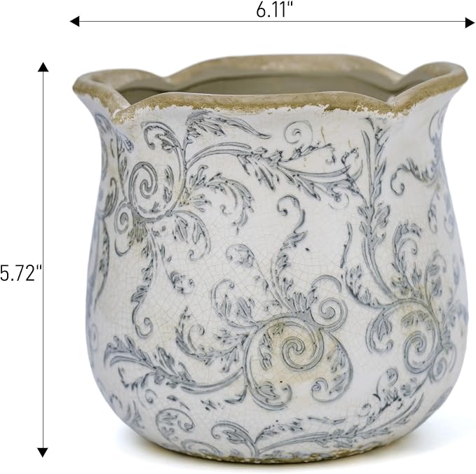 Dosayes Rustic Ceramic Planter, 6 Inch Tuscan Vintage Flower Pot with Drainage, Farmhouse Garden Pot for Indoor Plants, Kitchen & Garden Tuscan Decor, Plant Lover Gift (Grey)