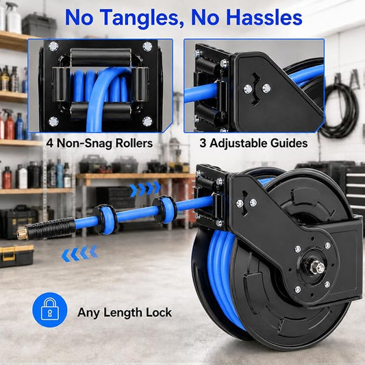 Retractable Air Hose Reel, 1/2 Inch x 50 Ft Wall Mount Auto Rewind Hose-Reel, Heavy Duty Steel Air Compressor Hose Reel with 5 ft Lead in, Max 300PSI Industrial Grade Rubber Hose, Blue