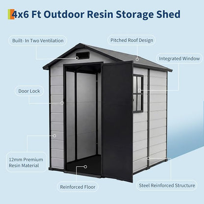 Garvee Outdoor Storage Shed with Floor, Plastic Resin Garden Shed with Window & Sloping Roof & Lockable Door for Patio Backyard Garden, Lawn Mower, Bike, Tool Storage (Grayish White + Black, 4' x 6')