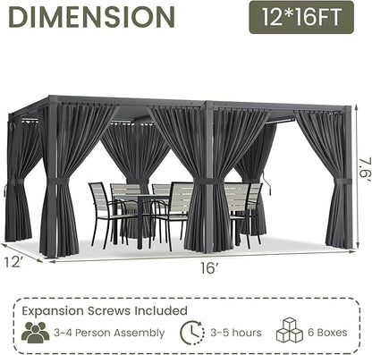 Louvered Pergola 12' x 16' with Waterproof Curtains, Outdoor Aluminum Pergola with Reinforced Steel Roof, Heavy-Duty Hardtop Gazebo, Privacy Shaded Shelter, Gray