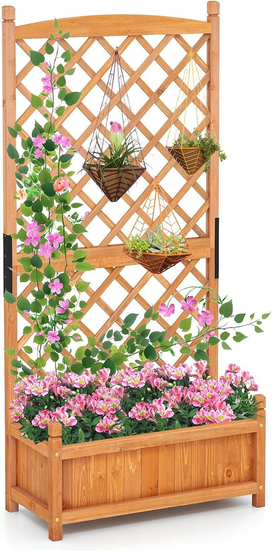 Giantex Raised Garden Bed with Trellis, 60" Wooden Planter Container with Drainage Holes, High Trellis for Plant Flower Climbing Pot Hanging, Indoor & Outdoor Planter Box for Yard Garden Balcony