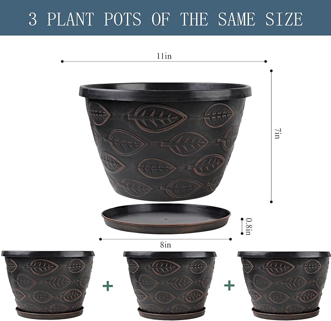 Nooulap 3 Pack Flower Pots Outdoor 11 Inch Plant Pots Indoor, Large-Plastic-Plant-Flower-Planters-Pots with Drainage Hole & Tray, Modern Decorative Garden Pot with Saucer(Brown)