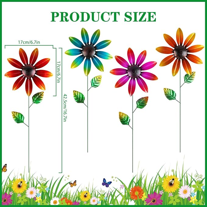 DETENE Metal Flower Garden Stakes Set of 4 Outdoor Flower Yard Decor Multicolor Lawn Flower Stakes for Spring Patio Pathway Garden Decoration Rustproof Metal Garden Art Decor