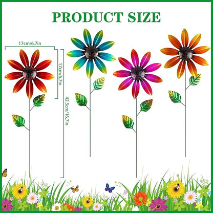 DETENE Metal Flower Garden Stakes Set of 4 Outdoor Flower Yard Decor Multicolor Lawn Flower Stakes for Spring Patio Pathway Garden Decoration Rustproof Metal Garden Art Decor