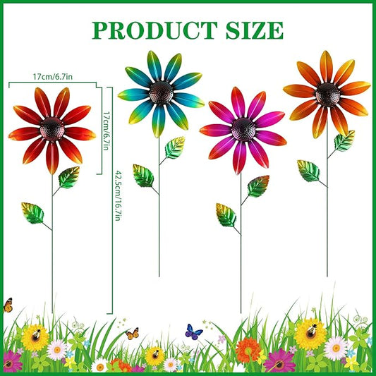 DETENE Metal Flower Garden Stakes Set of 4 Outdoor Flower Yard Decor Multicolor Lawn Flower Stakes for Spring Patio Pathway Garden Decoration Rustproof Metal Garden Art Decor