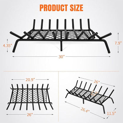 INNO STAGE Fireplace Grates with Ember Retainer - 30 Inch Fireplace Log Grate, Firewood Wood Log Holder Rack, Inside Wrought Cast Iron Fire Grate for Hearth Indoor Outdoor Camping