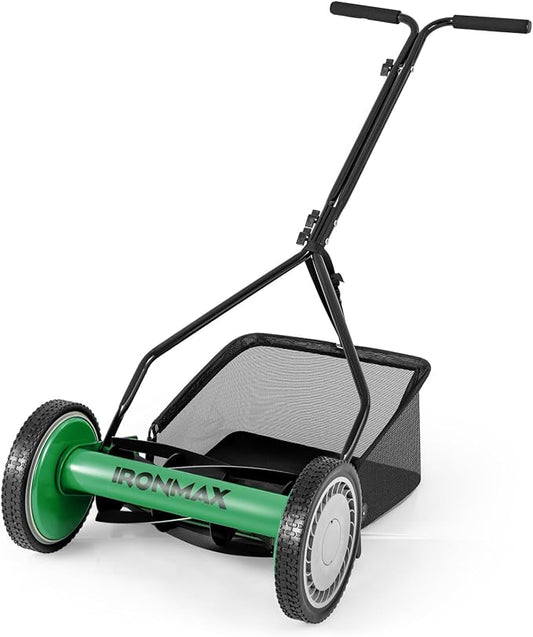 Goplus Manual Lawn Mower, 14 Inch 5-Blade Walk-Behind Cordless Grass Cutter with 7 Gallon Removable Grass Collect Bag, Adjustable Cutting Heights, Push Reel Lawn Mower for Yard, Garden