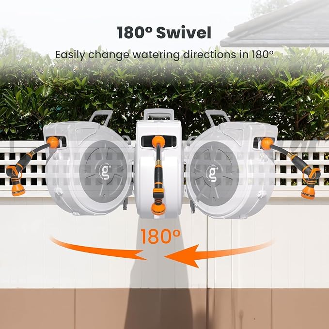 Giraffe Tools Retractable Hose Reel 1/2" x 65 ft Garden Hose Reel Heavy Duty, Any Length Lock with Swivel Bracket, 9-Function Sprayer Nozzle