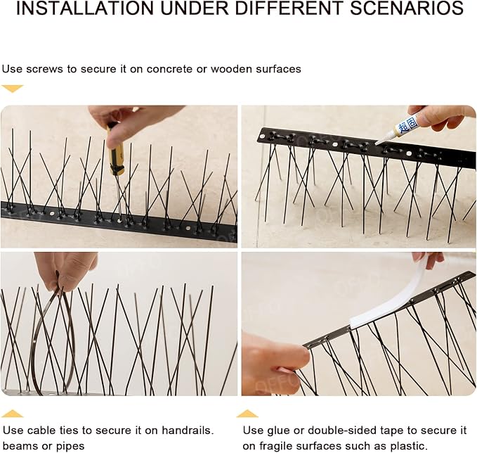 OFFO Black Pre-Assembled Bird Spikes, 304 Stainless Steel Pigeon Spikes for Outside, Cover 10.8 Feet, Easy Installation for Balcony, Roof, Window Sills, Keep Building Surfaces Clean