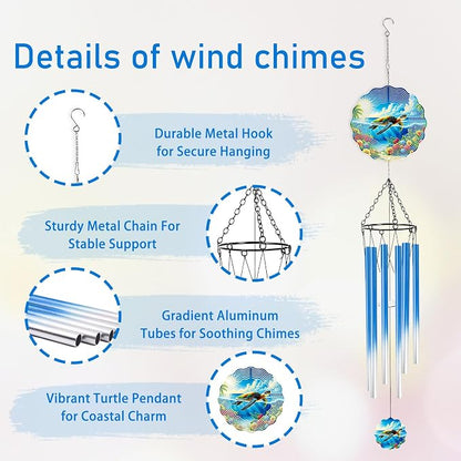 Sea Turtle Wind Chimes for Outside with Wind Spinner, Outdoor Garden Patio Yard Porch Hanging Decor, Turtle Wind Chime with Colorful Gift Box, Birthday Housewarming Gifts for Women Mom