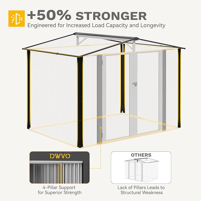 DWVO 7x5FT Outdoor Storage Shelter, Roomy Steel Tool Shed with Secure Entrances & Air Circulation for Patio, Lawn, and Backyard, Ideal for Storing Garden Gear, Lawn Tools, and Bikes, White