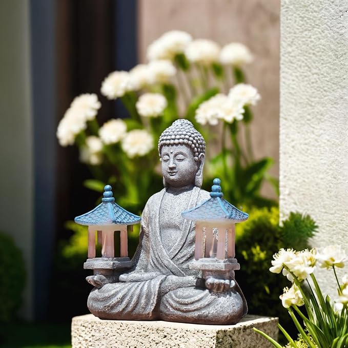 Meditating Buddha Statue with Solar Lights, Zen Garden Decor for Home, Patio, Yard, Outdoor – Unique Gift for Women and Friends(Two Pavilions)
