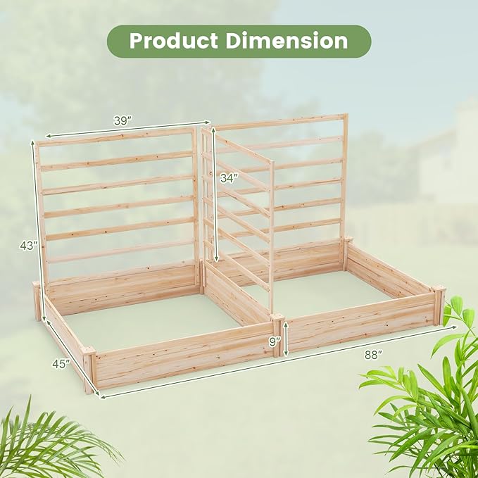 Giantex Raised Garden Bed with 3 Trellises, 88"x45"x43" Wooden Planter Box with 2 Growing Section, Outdoor Elevated Garden Bed for Vegetables Flowers Herbs & Climbing Plants Cucumber, Easy Assembly