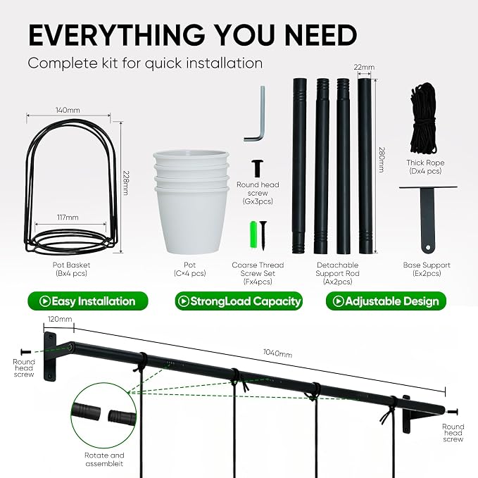 Hanging Planters for Indoor Plants with 4 Pots, Adjustable Window Plant Rod, Space-Saving Herb Garden Holder for Wall or Ceiling Mount (40in-4 Hanging basins)