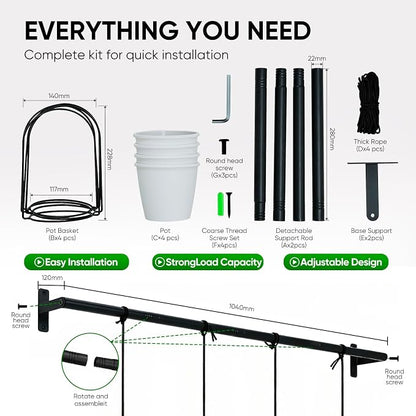 Hanging Planters for Indoor Plants with 4 Pots, Adjustable Window Plant Rod, Space-Saving Herb Garden Holder for Wall or Ceiling Mount (40in-4 Hanging basins)