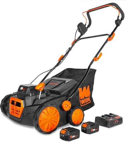 WEN 20V Max Cordless 15-Inch 2-in-1 Brushless Electric Dethatcher and Scarifier with Collection Bag, Two 4.0 Ah Batteries, and Dual-Port Charger (20716)