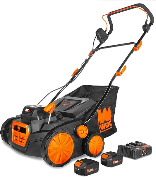 WEN 20V Max Cordless 15-Inch 2-in-1 Brushless Electric Dethatcher and Scarifier with Collection Bag, Two 4.0 Ah Batteries, and Dual-Port Charger (20716)