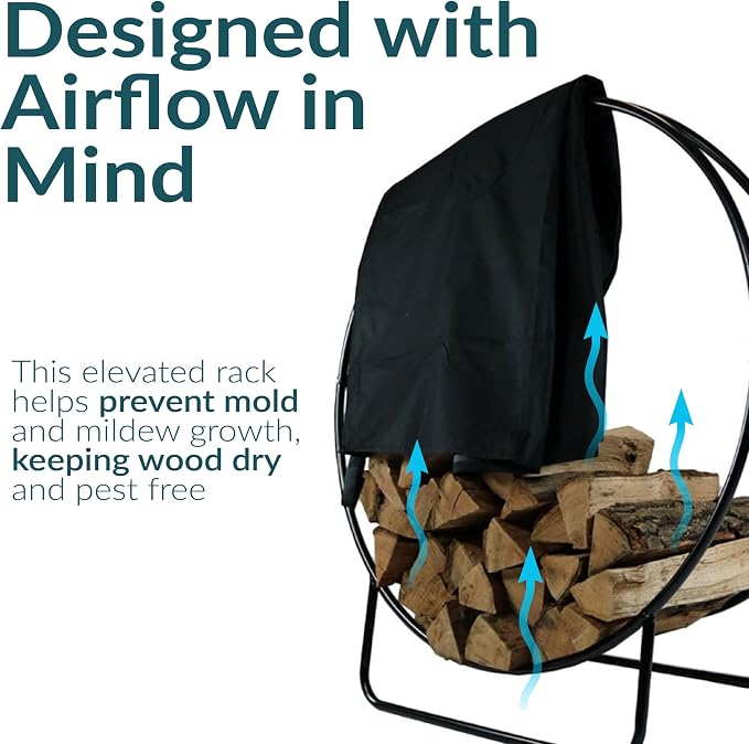 Sunnydaze 40-Inch Firewood Rack with Cover - Black Indoor Firewood Holder - Log Holder Hoop and Cover Set - 500-lb Capacity