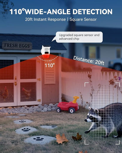 PILSAMAS 2-Pack Solar Motion Sensor Alarm - Custom Voice Upload, Deer & Raccoon Deterrent, Motion Activated Voice Player & Strobe Light, IP65 for Chicken Coop, Pool Gate, Garage, Farm Protection