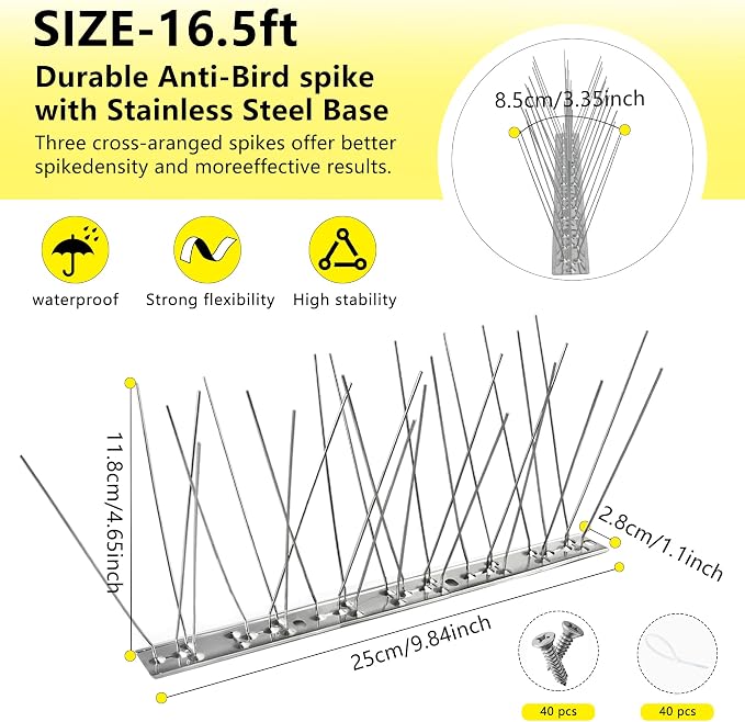 Bird Spikes,20Pcs,Stainless Steel Spikes with Base,Keep Woodpeckers Pigeon Raccoons Away,Anti Climb Spikes for Graden Patio Fence,16Ft